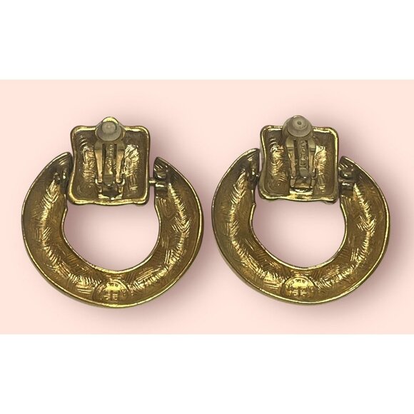 Givenchy ~ Large Vintage 80’s Dangle Drop Door Knocker Enamel Gold Tone Earrings - Picture 5 of 10